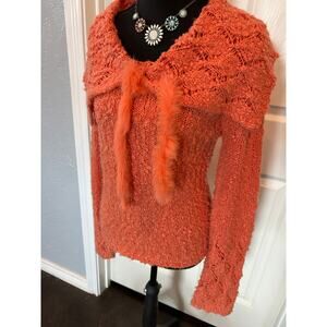 Prima Bella Orange Shrug Sweater Small - Shawl Collar Fuzzy Tie Front Boho Knit
